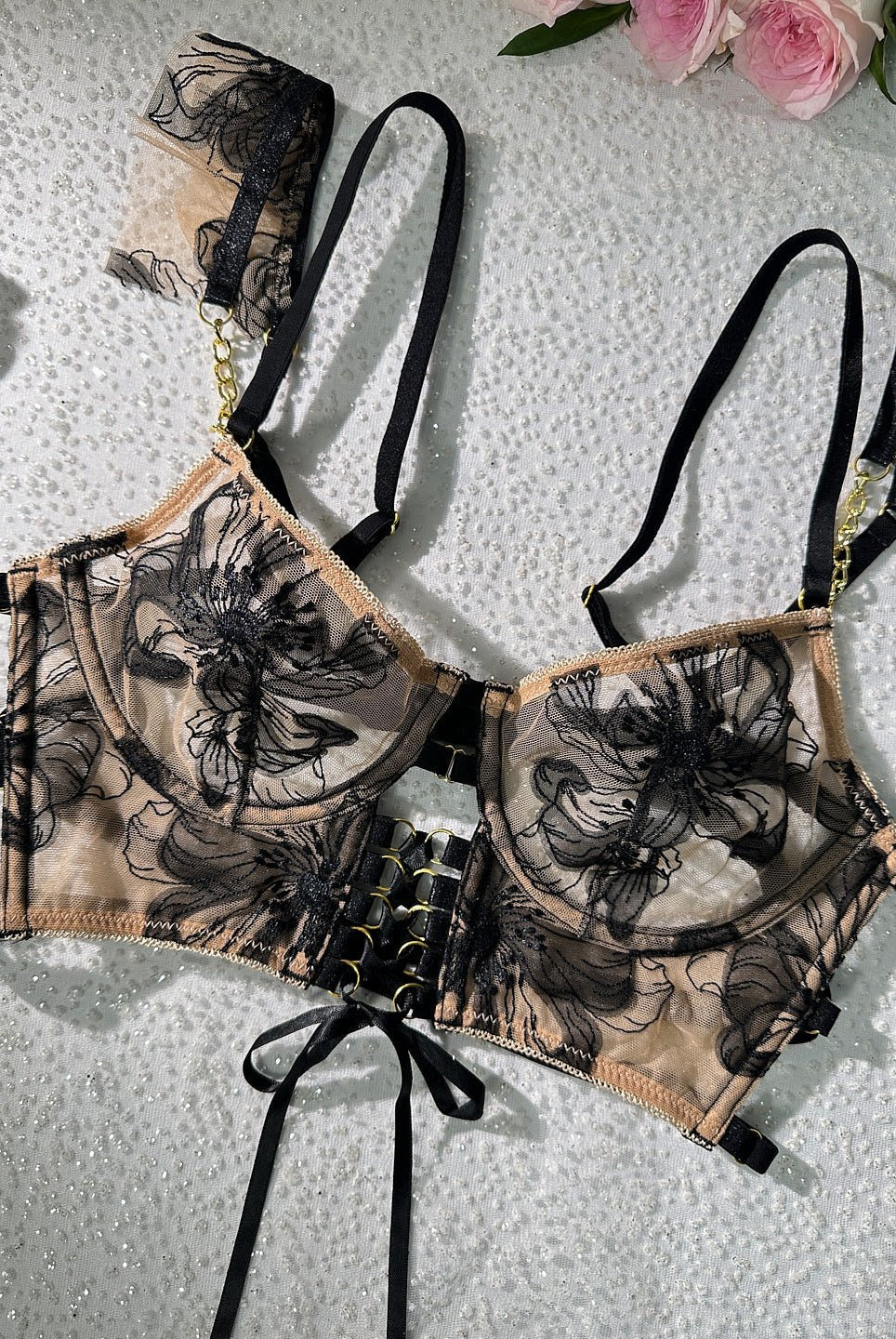 Black and nude ribbon sculpting body lingerie set by Lumina Wear, featuring a three-piece set with intricate details.