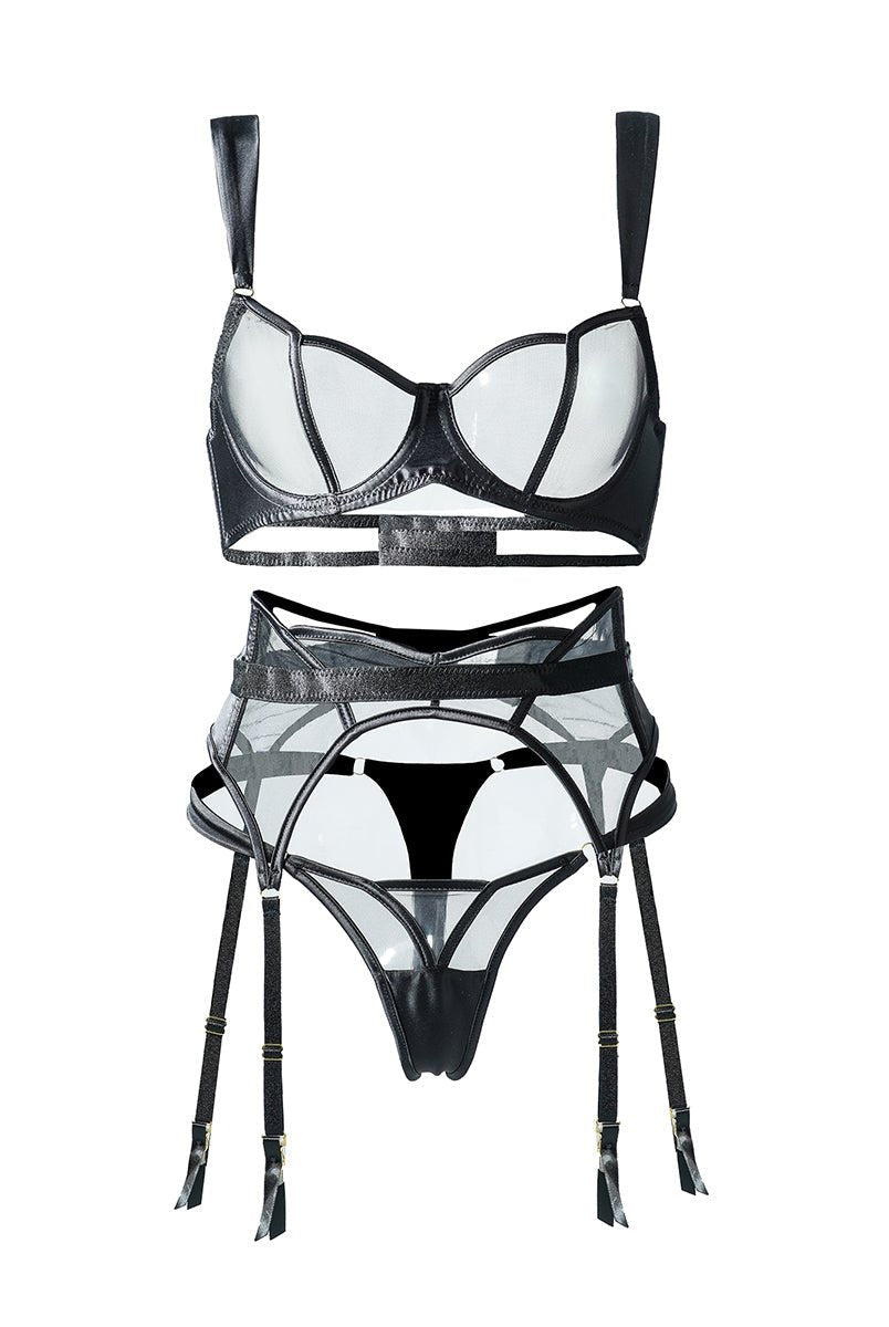 Black see-through mesh lingerie set with push-up design, featuring a 3-piece sexy lingerie set by Lumina Wear.
