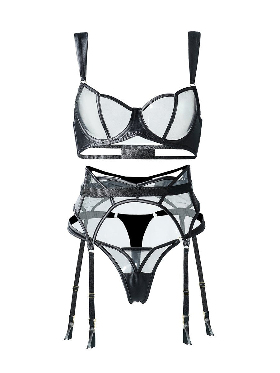 Black see-through mesh lingerie set with push-up bra and matching panties, 3-piece sexy lingerie by Lumina Vancouver.