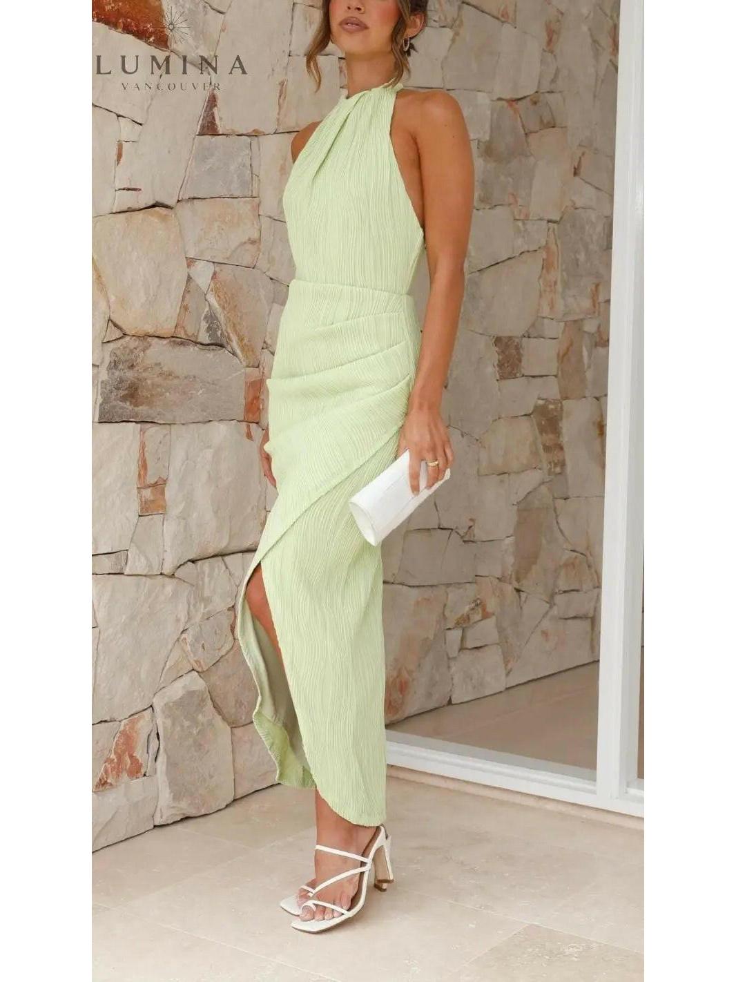 Light green Blaire Elegant Pleated Maxi Dress by Lumina Vancouver, showcasing flowing pleats and a sophisticated silhouette.