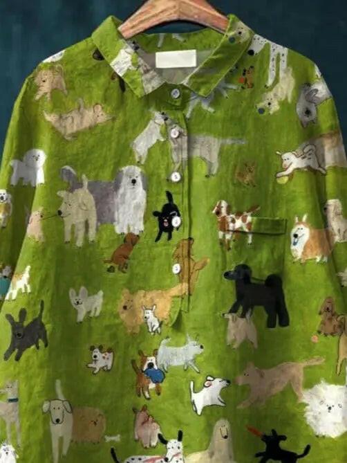 Green Blaze Canine Art Tee by Lumina Vancouver featuring a vibrant dog illustration on soft cotton fabric.