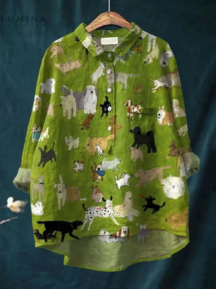Green Blaze Canine Art Tee by Lumina Vancouver featuring a vibrant dog illustration on soft cotton fabric.