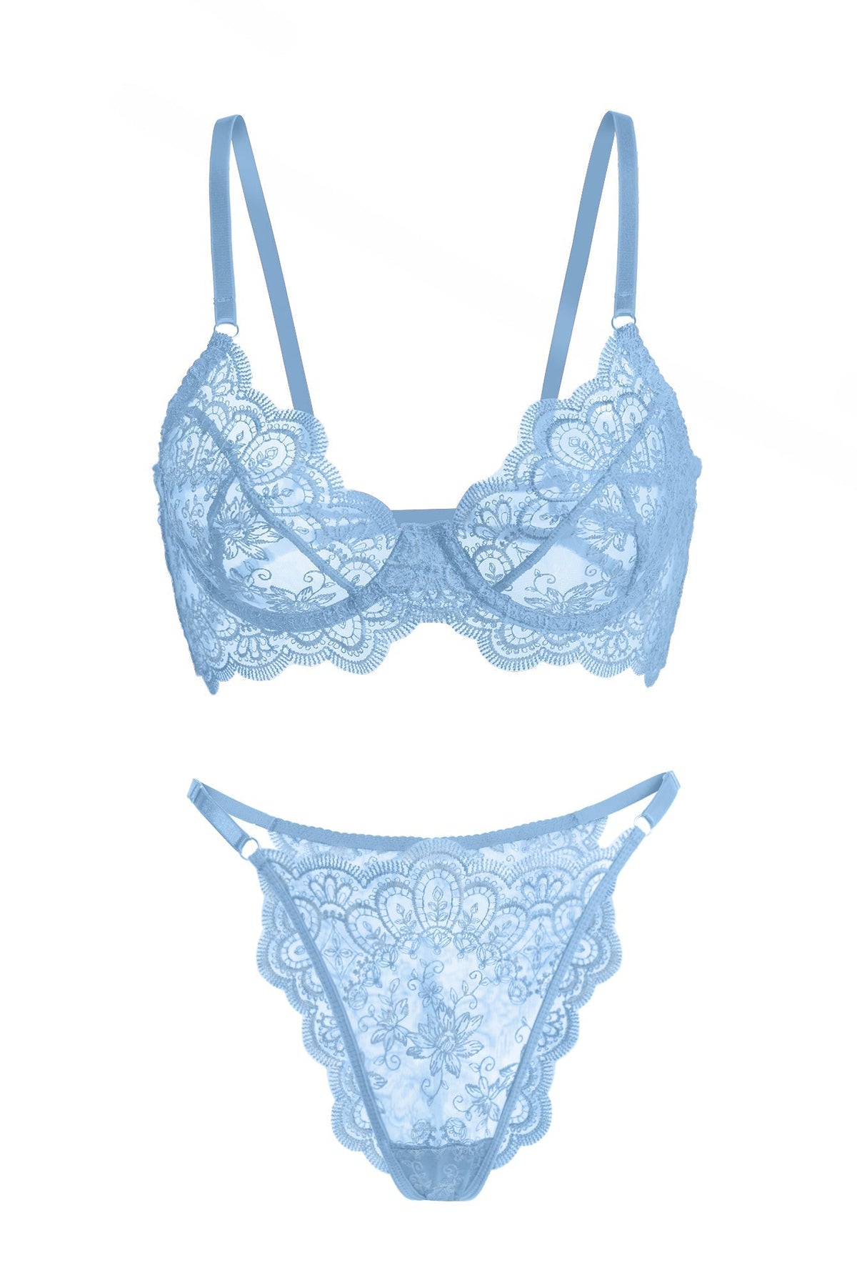 Blue Exquisite Lace Lingerie Set by Lumina Wear, featuring a matching bra and panties in delicate lace fabric.