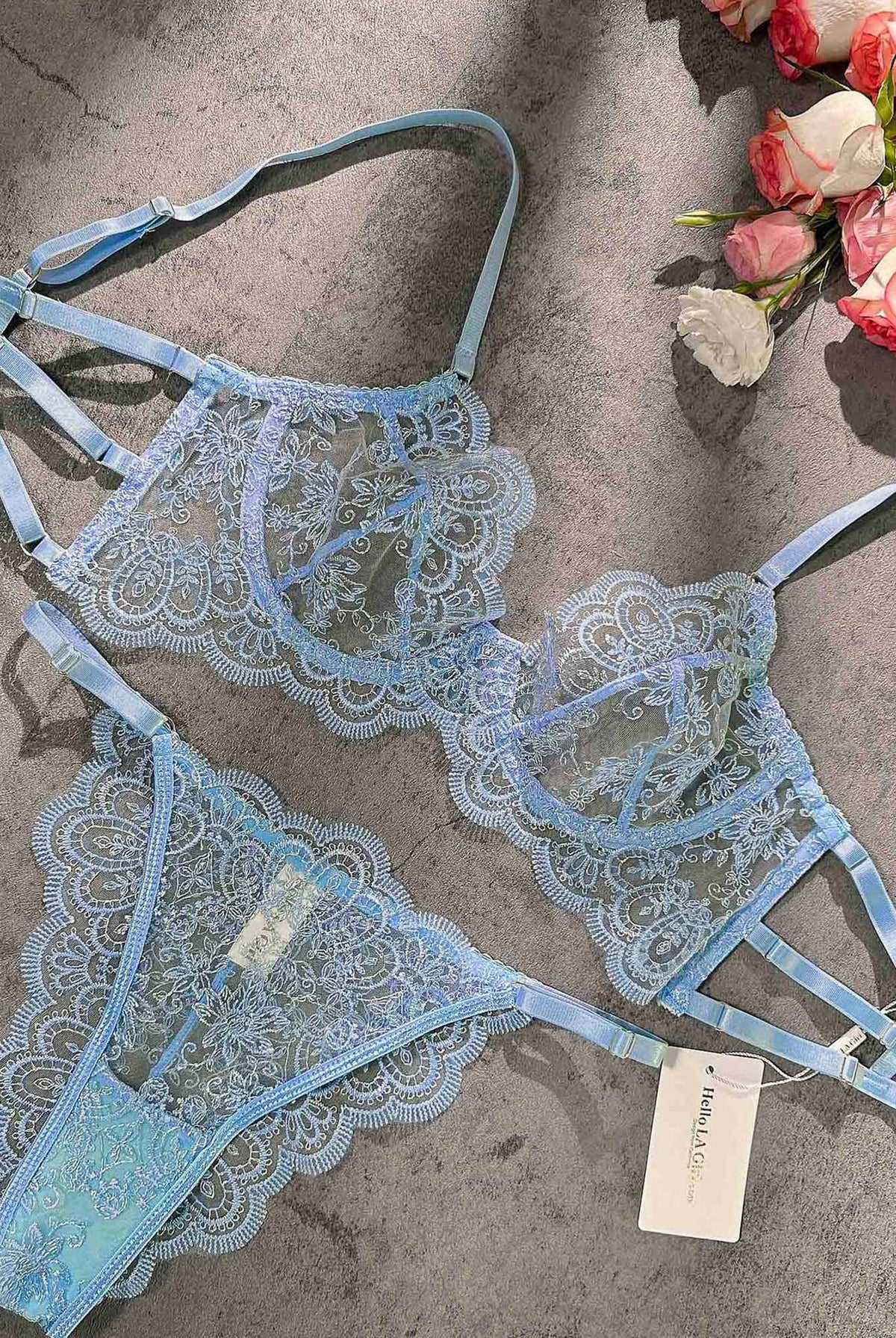 Blue Exquisite Lace Lingerie Set by Lumina Wear, featuring a matching bra and panties in delicate lace fabric.