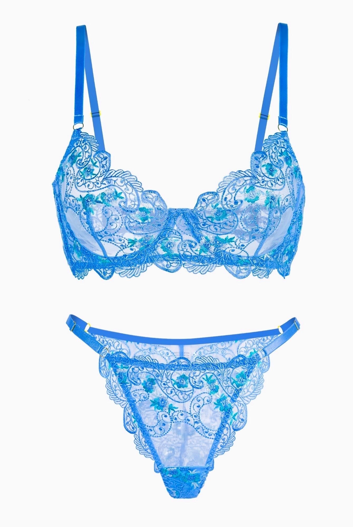 Blue floral embroidery lingerie set by Lumina Wear, includes bra and matching panties, with delicate floral patterns.