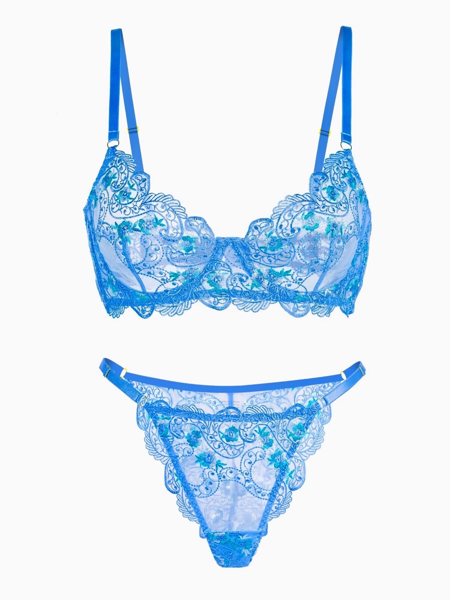 Blue floral embroidery lingerie set, 2-piece by Lumina Vancouver, featuring delicate lace and floral details in a vibrant blue color.