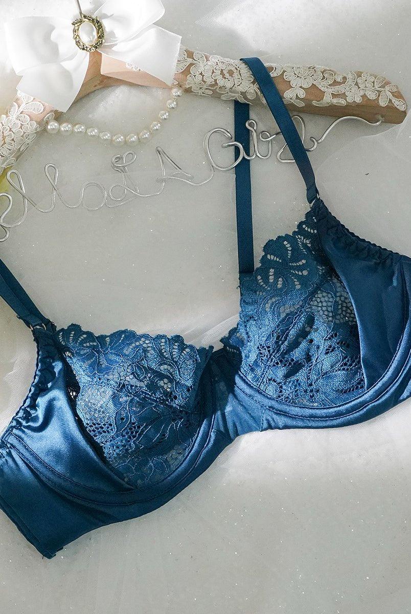 Blue lace satin mesh push-up lingerie set by Lumina Wear featuring matching bra, panties, and garter belt in a sexy, elegant design.