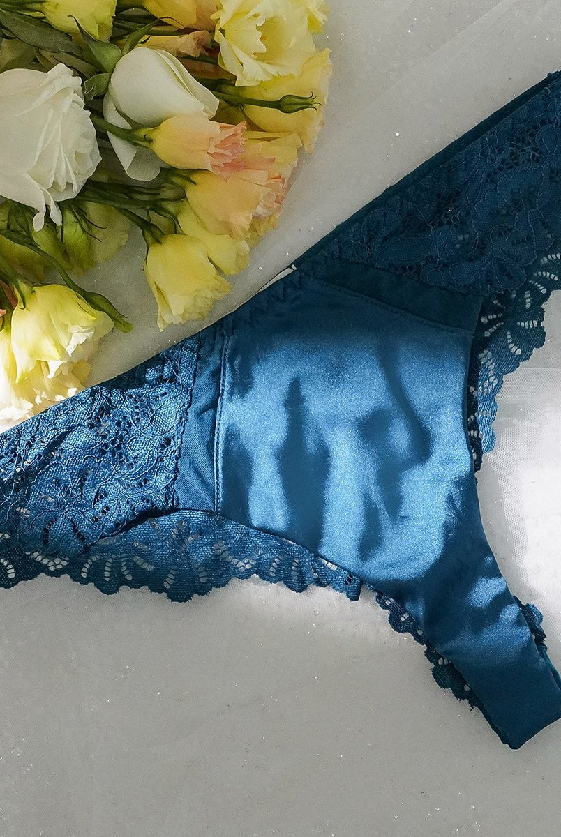 Blue lace satin mesh push-up lingerie set by Lumina Wear featuring sexy, feminine design with matching bra, panties, and garter belt.