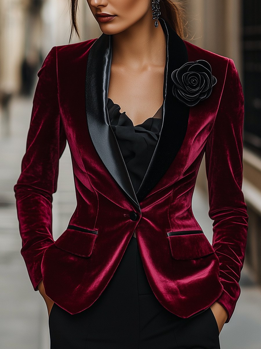 Burgundy velvet blazer with satin lapels and black rose detail by Lumina Wear, shown on a hanger against a white background.