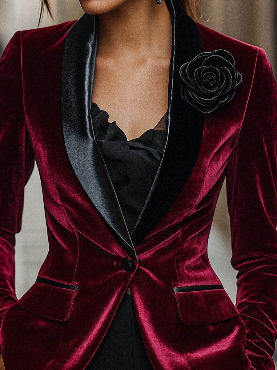 Burgundy velvet blazer with satin lapels and black rose detail from Lumina Wear, shown on a model.