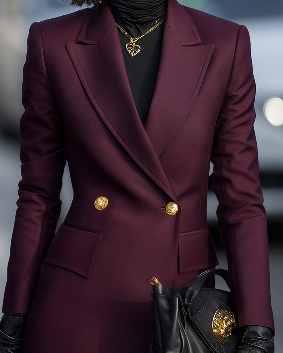 Burgundy double-breasted blazer with gold accents from Lumina Wear, shown on a mannequin, style-focused and tailored fit.