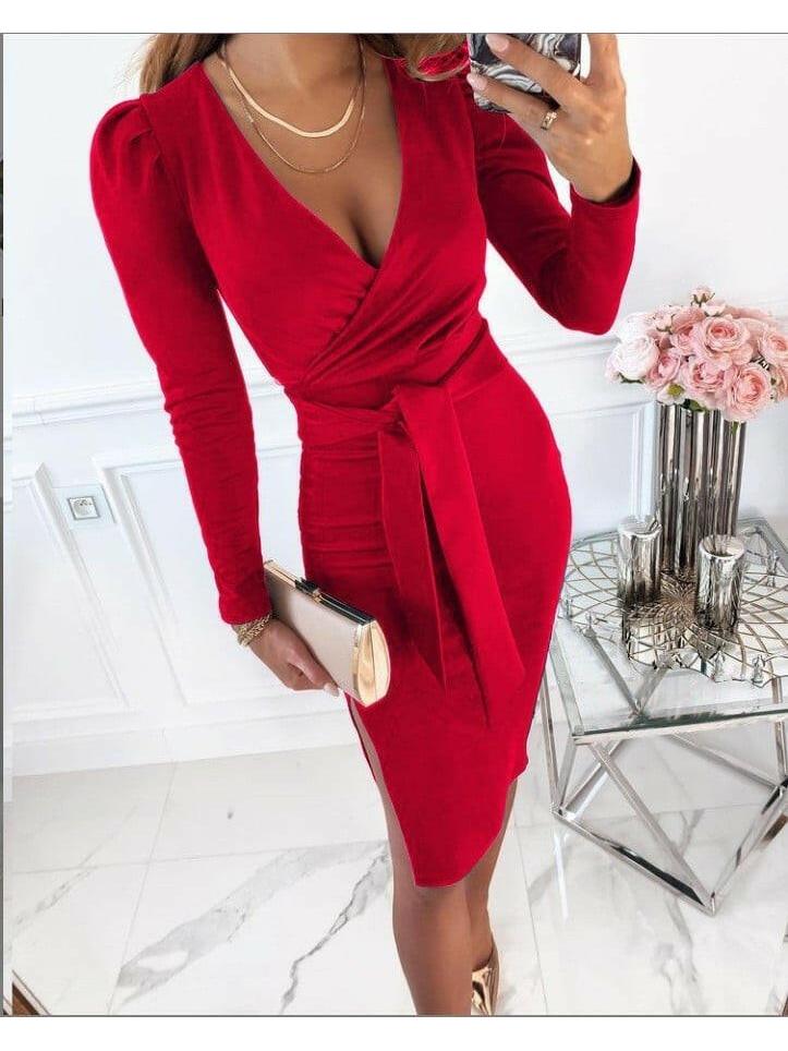 Khaki Caitlyn V-neck tie straps midi dress by Lumina Vancouver, stylish dress with a flattering V-neck and elegant design.