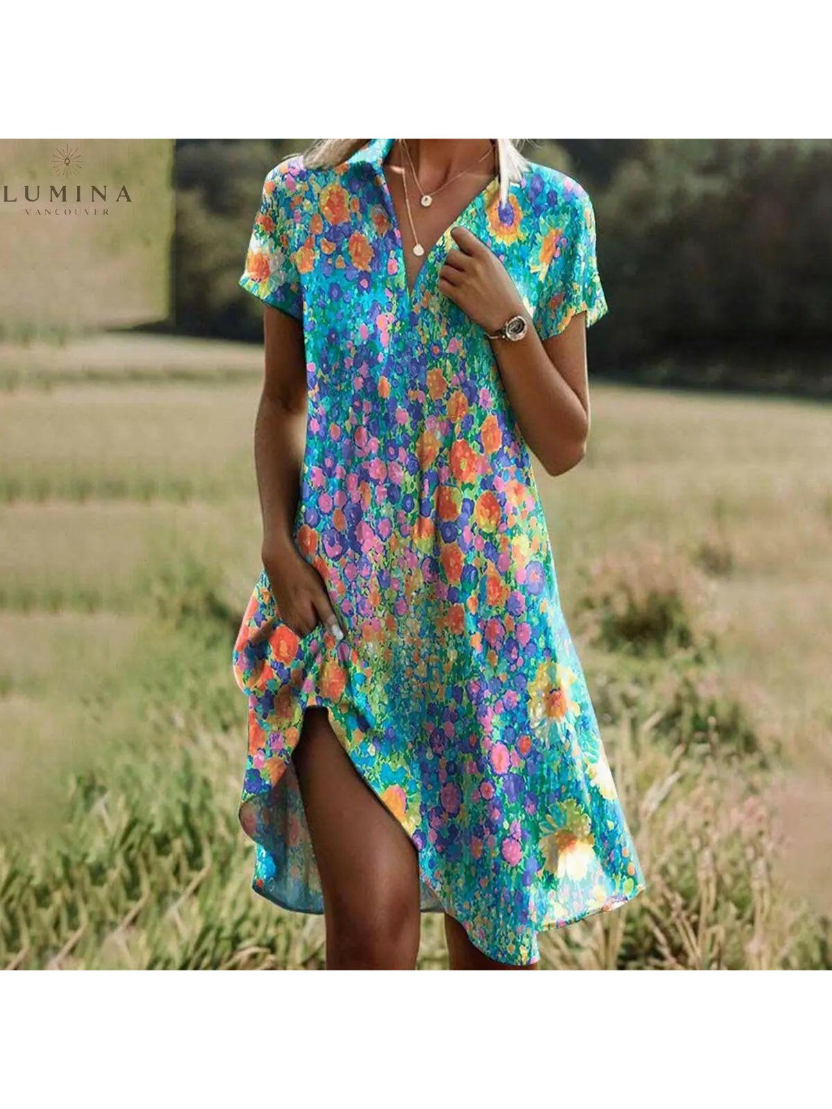 Callie spring dress by Lumina Vancouver featuring a floral print in size S, displayed on a hanger against a neutral background.