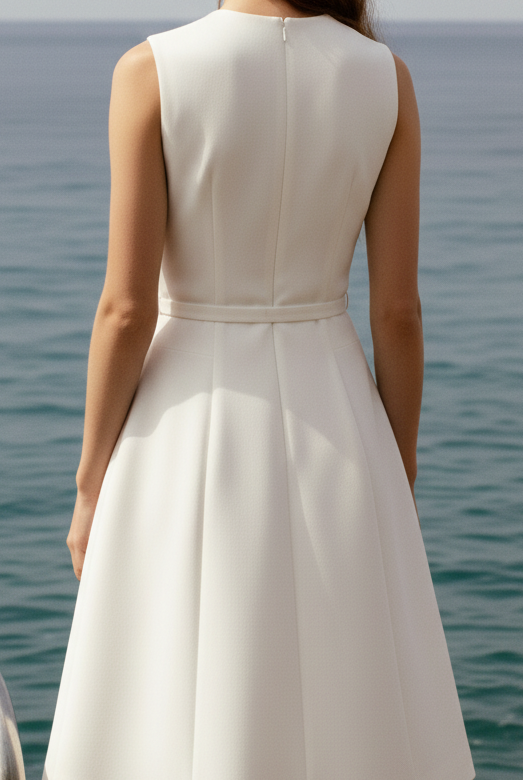 White Camille belted mini dress by Lumina Vancouver, featuring a fitted silhouette and stylish waist belt.