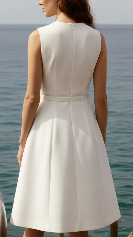 White Camille belted mini dress by Lumina Vancouver, featuring a fitted silhouette and stylish waist belt.