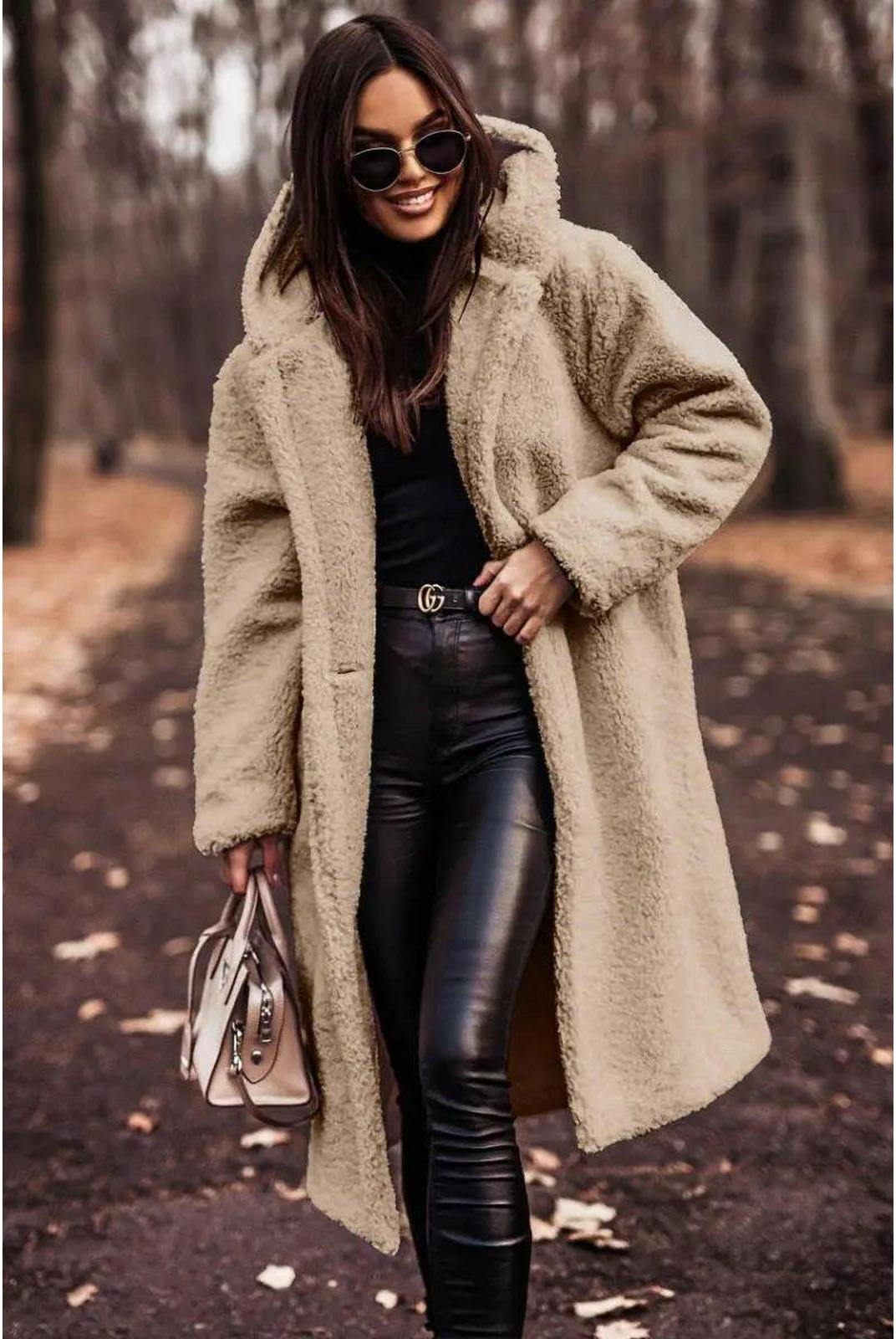 Beige Carol winter cozy coat by Lumina Vancouver, stylish and warm, shown on a model with a high collar and plush fabric.