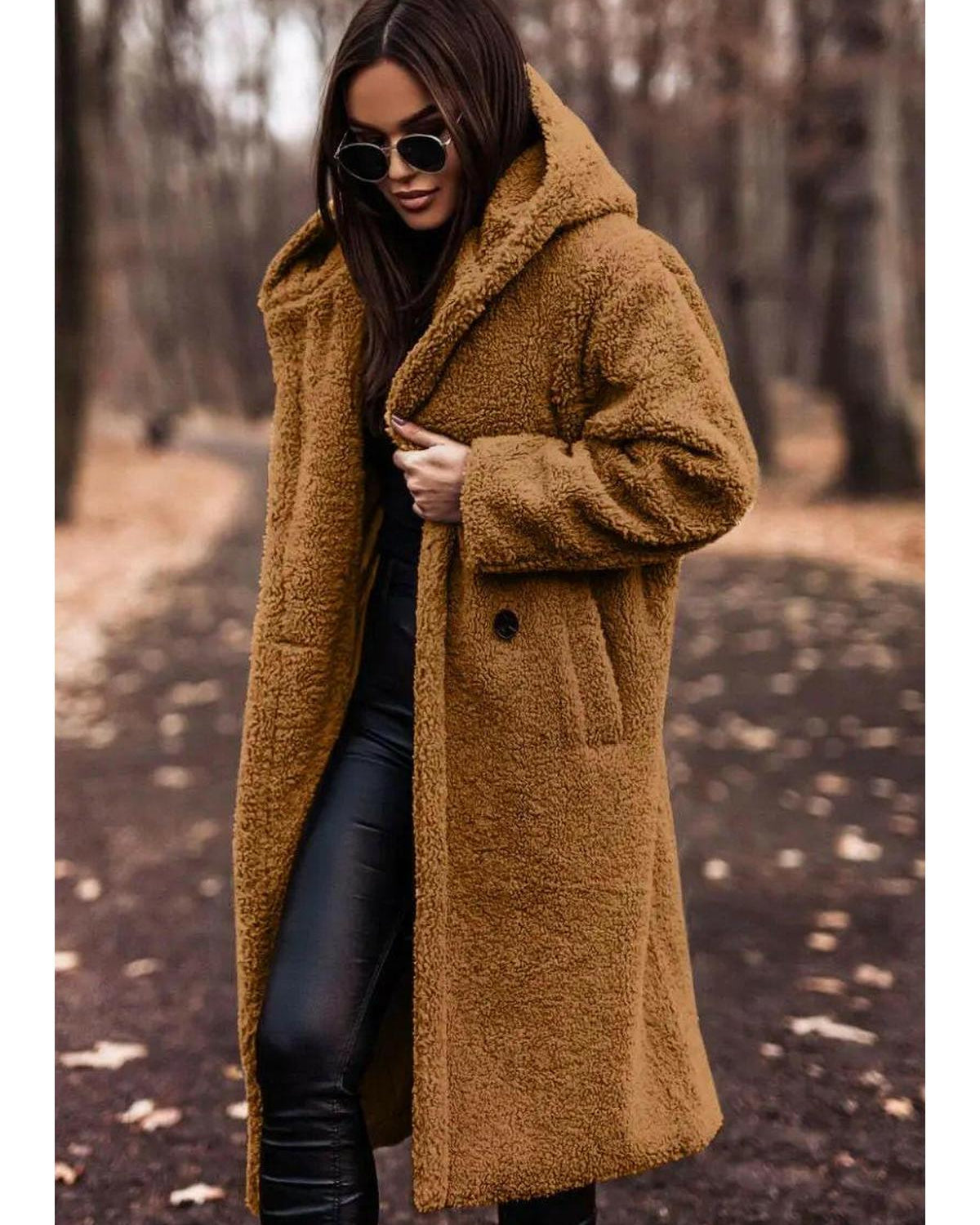 Beige Carol winter cozy coat by Lumina Wear, shown on a model with a high collar and warm, plush fabric for cold weather.
