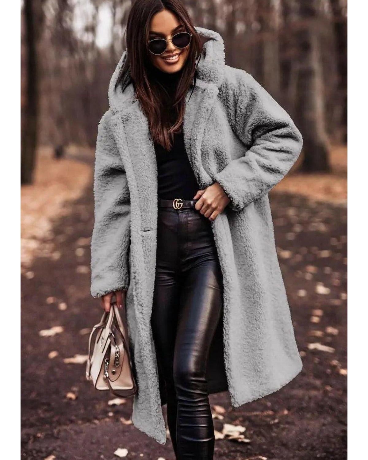 Beige Carol winter cozy coat by Lumina Wear, showcasing its warm, plush fabric and stylish design for cold weather.