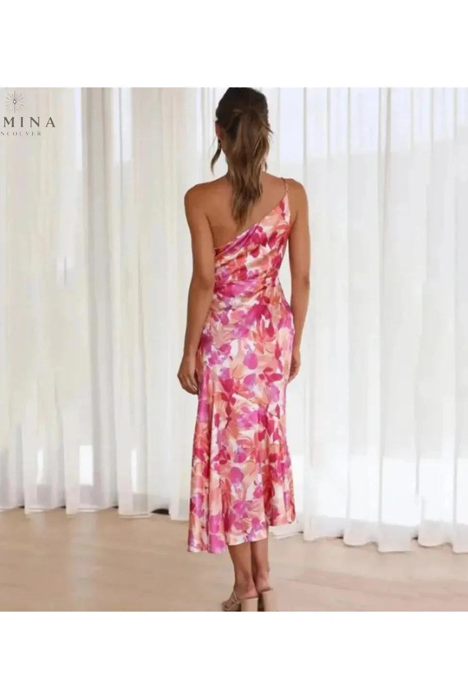 Elegant Cassandra summer dress by Lumina Vancouver, perfect for wedding guests, featuring a stylish and flowy design.