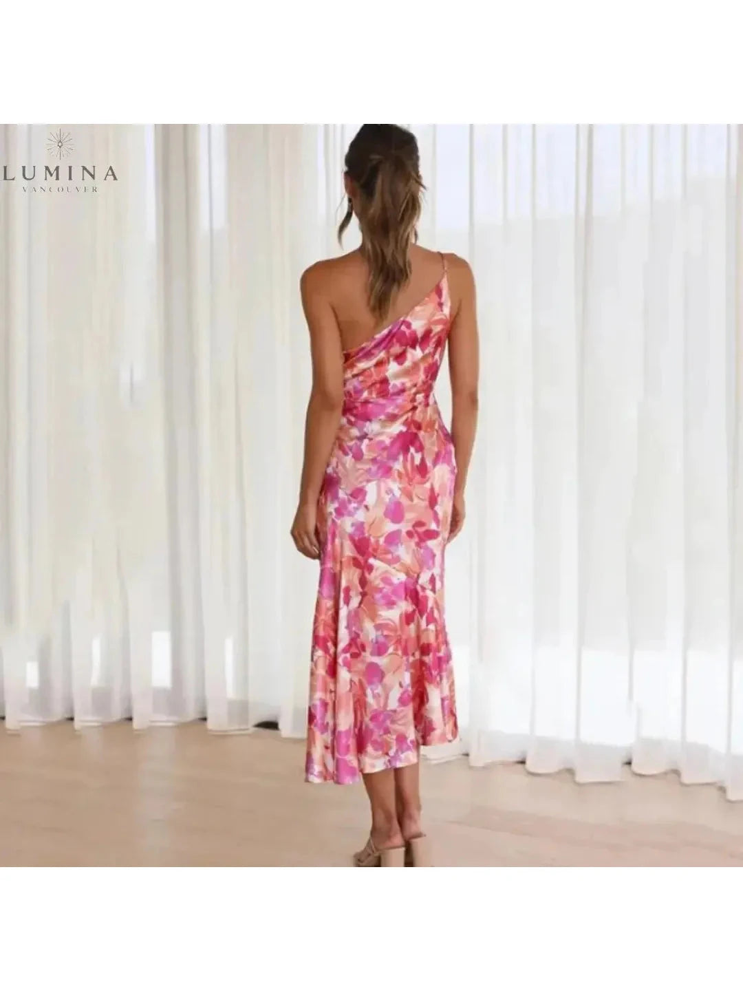 Elegant Cassandra summer dress by Lumina Vancouver, perfect for wedding guests, featuring a stylish and flowy design.