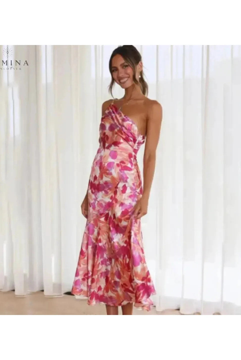 Elegant Cassandra summer dress by Lumina Vancouver, perfect for wedding guests, featuring a flowing, stylish design.