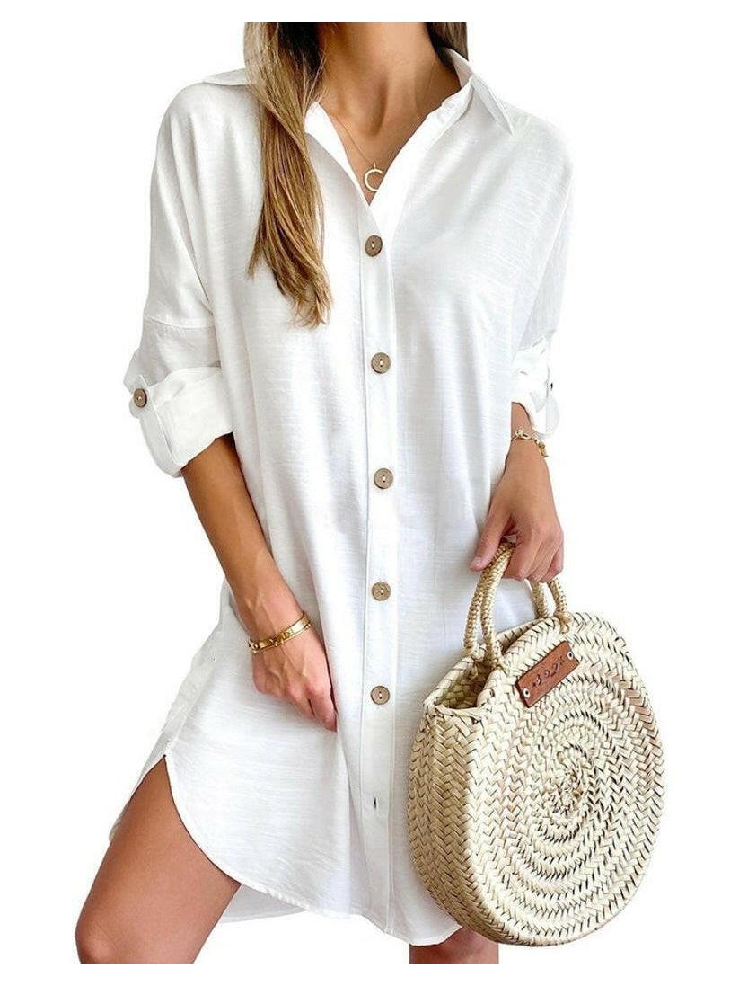 White Cassy™ Button-Up Shirt Dress by Lumina Vancouver, showcasing a stylish, casual dress with a collar and button details.