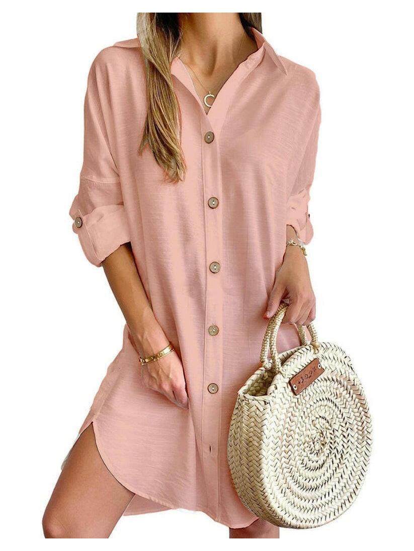 White Cassy™ Button-Up Shirt Dress by Lumina Vancouver, casual style, front buttons, collar, and long sleeves, ideal for everyday wear.