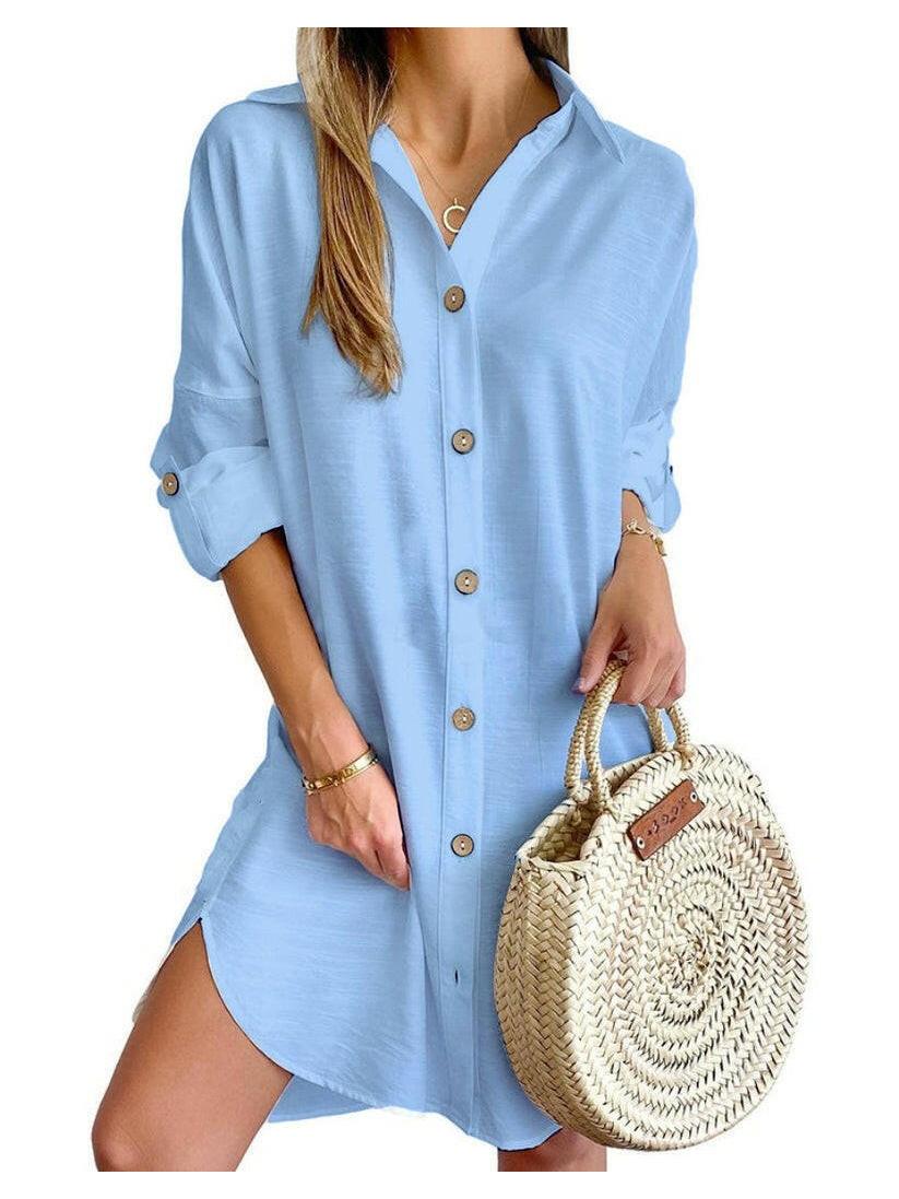White Cassy™ Button-Up Shirt Dress by Lumina Vancouver, featuring a classic collar and relaxed fit, perfect for casual wear.