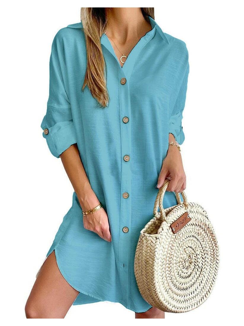 White Cassy™ Button-Up Shirt Dress by Lumina Vancouver, showcasing a stylish and versatile dress with a classic collar and button-front design.