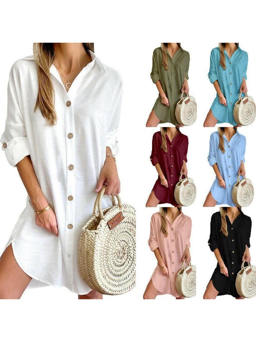 White Cassy™ Button-Up Shirt Dress by Lumina Vancouver, stylish and comfortable for casual wear.