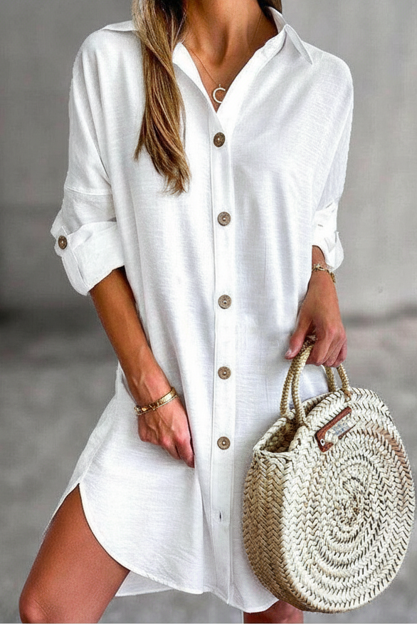 White Cassy™ Button-Up Shirt Dress by Lumina Vancouver, casual and stylish, shown on a model.