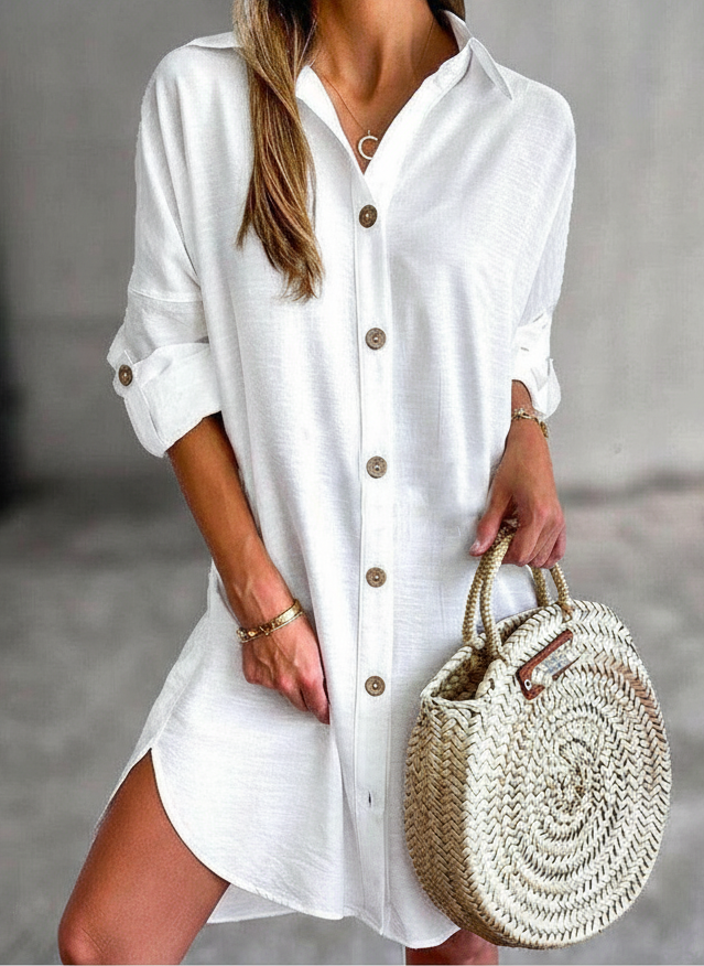 White Cassy™ Button-Up Shirt Dress by Lumina Vancouver, casual and stylish, shown on a model.