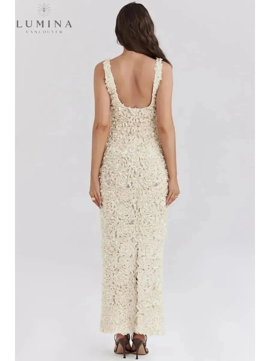 Lumina Vancouver Catalina Glamour A-Line floral maxi dress for wedding guests, featuring a flowing design and elegant floral pattern.