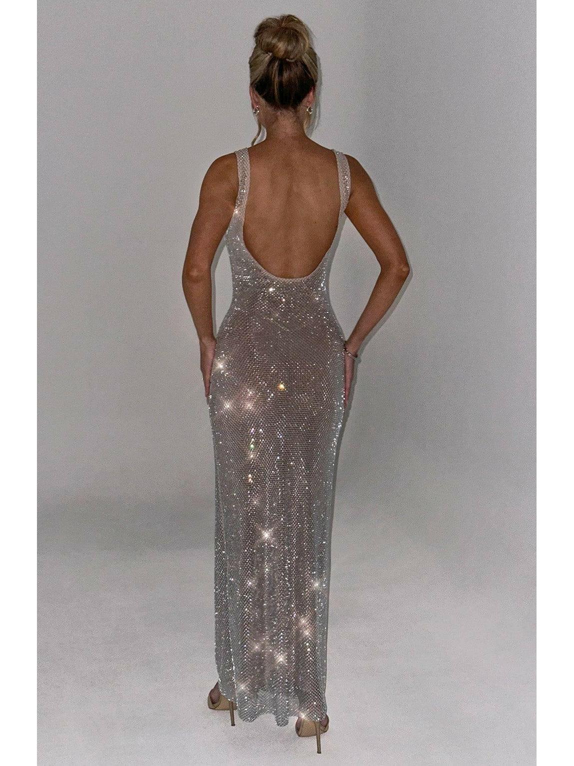 Lumina Vancouver Catherine Sparkling Maxi Dress showcasing elegant sequined fabric and flowing silhouette for special occasions.