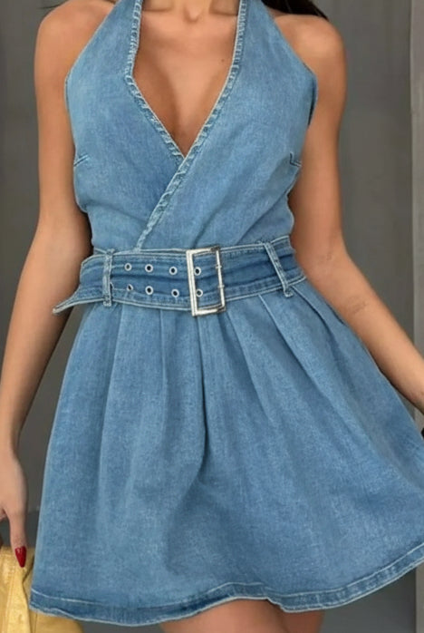Blue Celeste halter denim dress by Lumina Vancouver, shown on a model, with a fitted bodice and casual style.