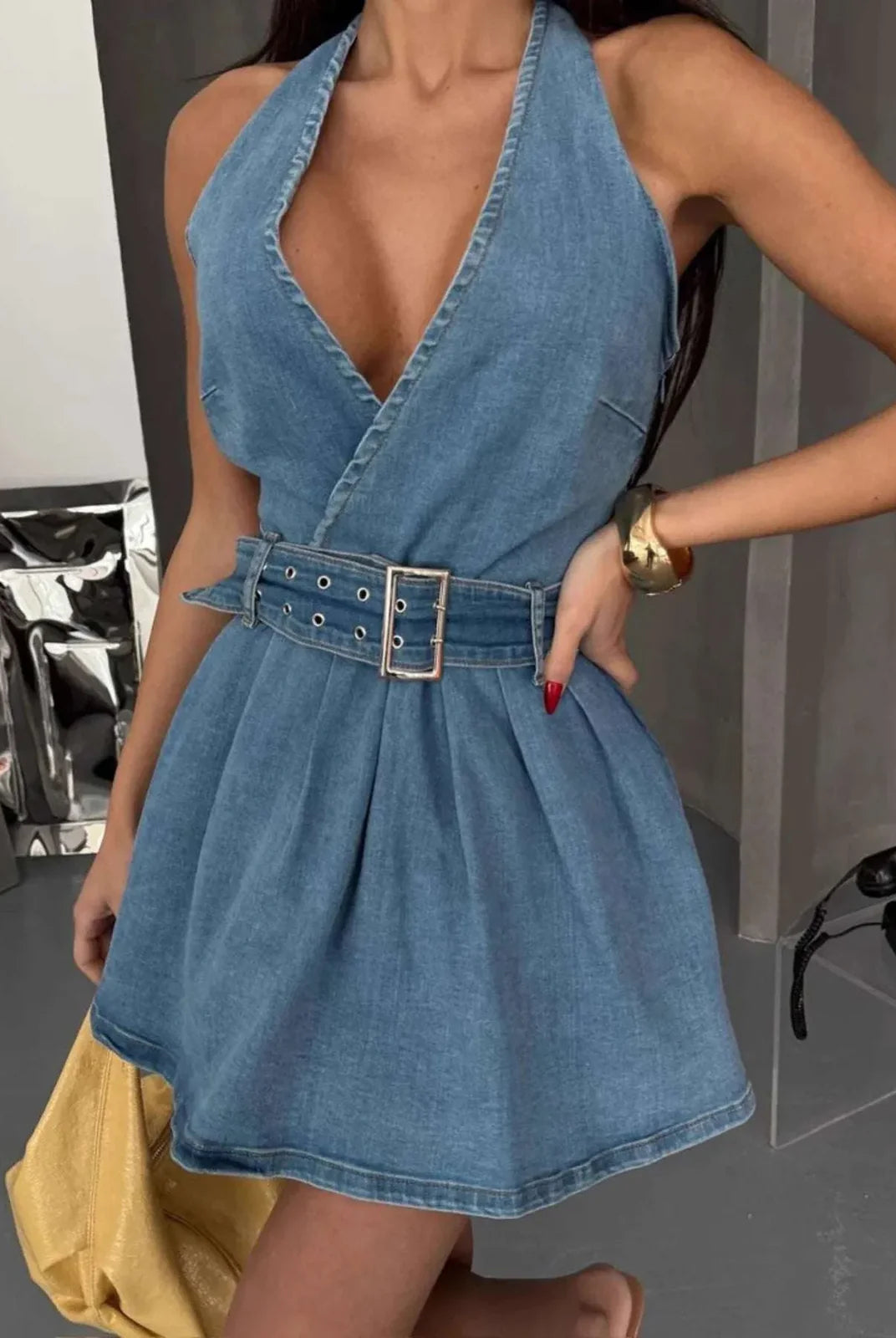 Blue Celeste halter denim dress by Lumina Vancouver, styled with fitted silhouette and casual denim fabric.