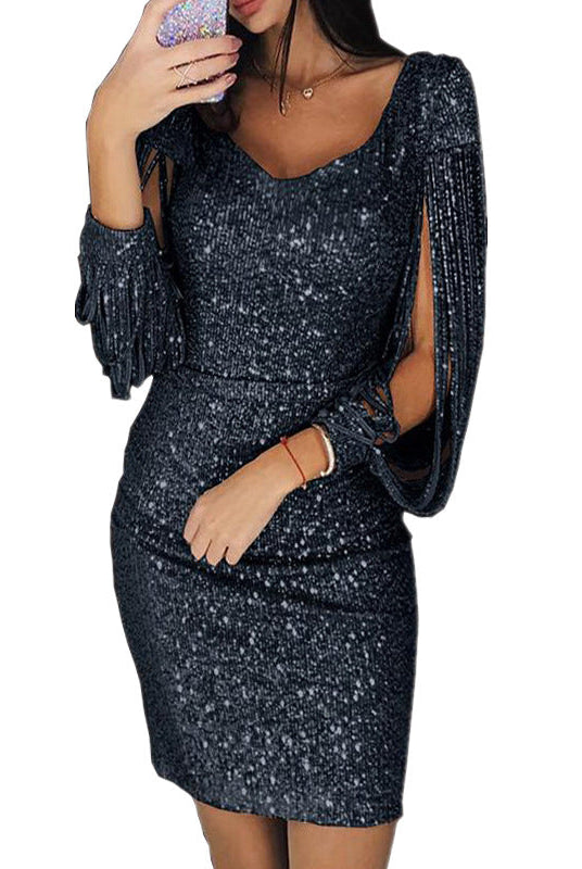 Black Celeste Nightshade sequin dress by Lumina Vancouver, showcasing elegant sequined fabric and a stylish fit.