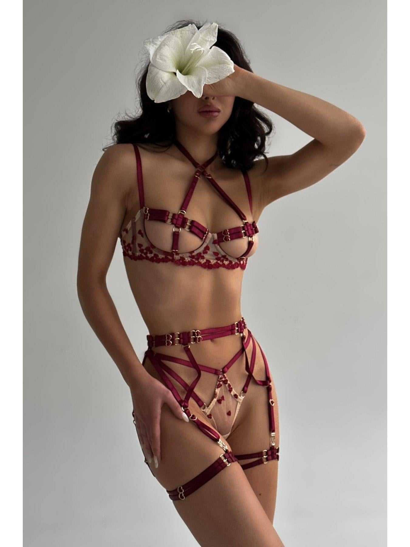 Celeste's lingerie set by Lumina Vancouver featuring delicate lace bras and matching panties on a white background.