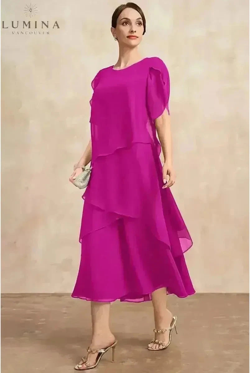 Pink Celestia Classic Chiffon Dress by Lumina Wear, flowing fabric with elegant design, perfect for formal occasions.