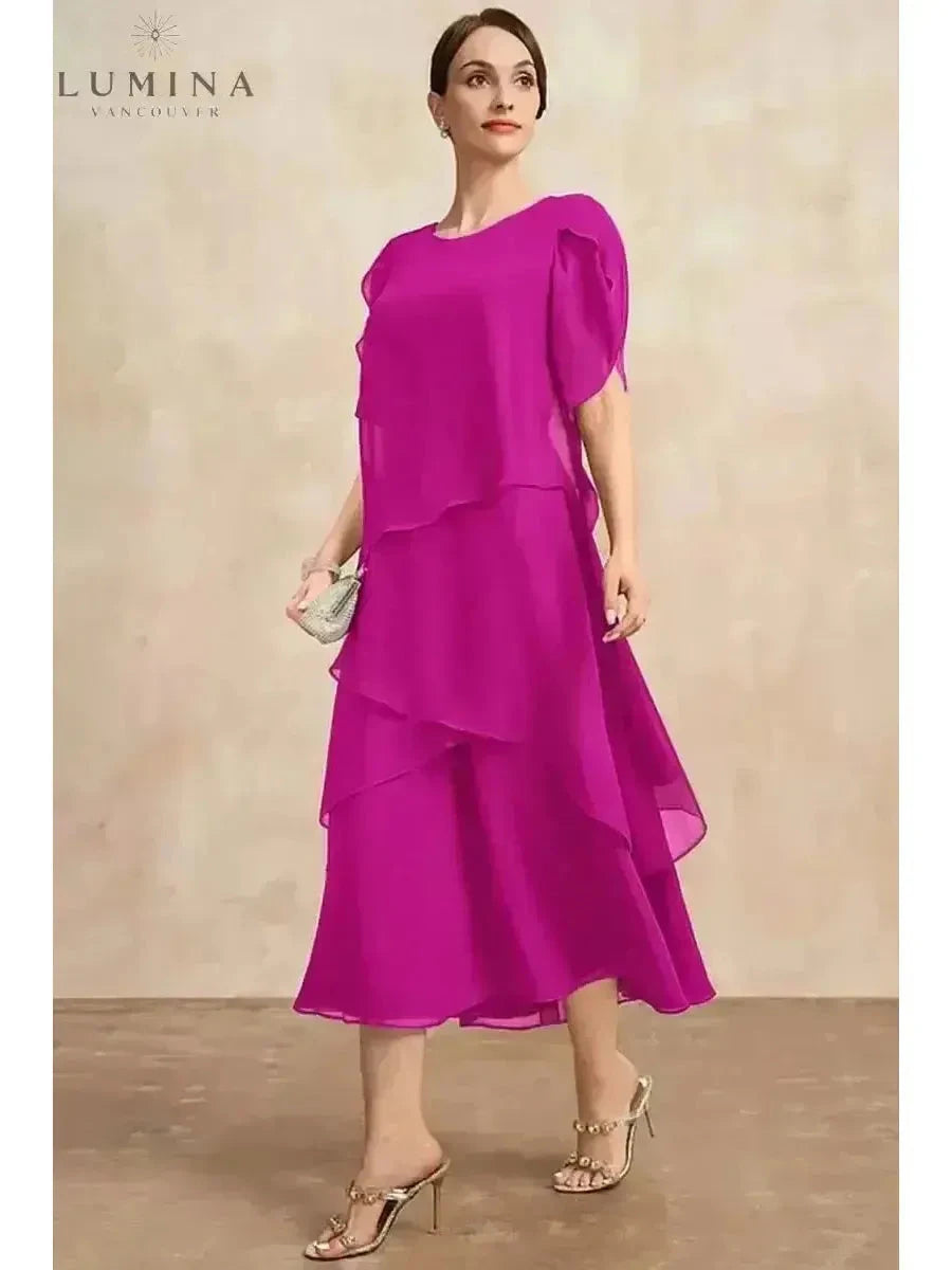 Pink Celestia Classic Chiffon Dress by Lumina Wear, flowing fabric with elegant design, perfect for formal occasions.