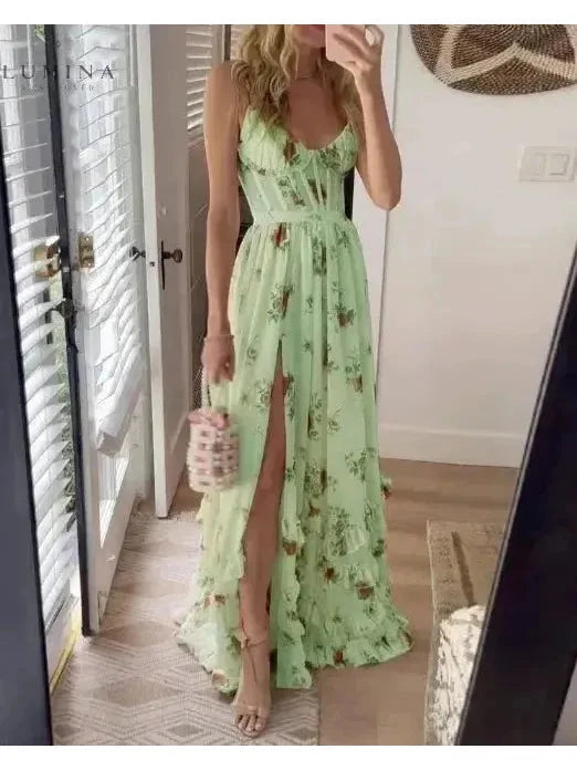 Lumina Vancouver Lumi Radiant Elegance Dress in green, stylish wedding guest dress with a flowing design and elegant details.