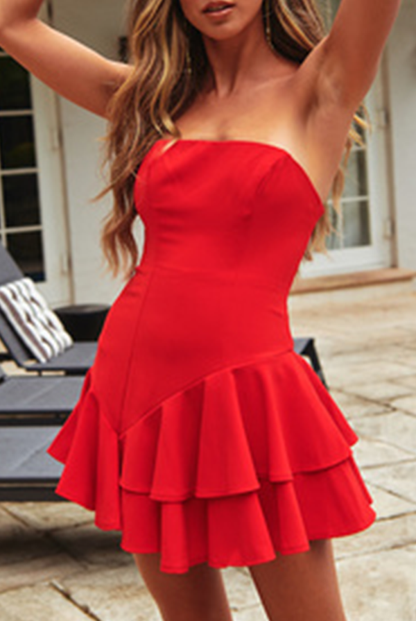 Red Herve strapless mini dress by Lumina Wear, featuring a fitted silhouette and minimalist style for a chic look.