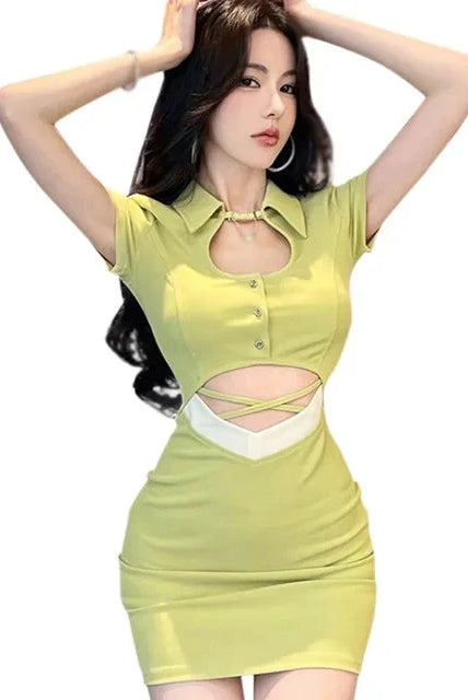 Green Celestoria slim fit mini dress by Lumina Vancouver, featuring a stylish and fitted design perfect for trendy occasions.