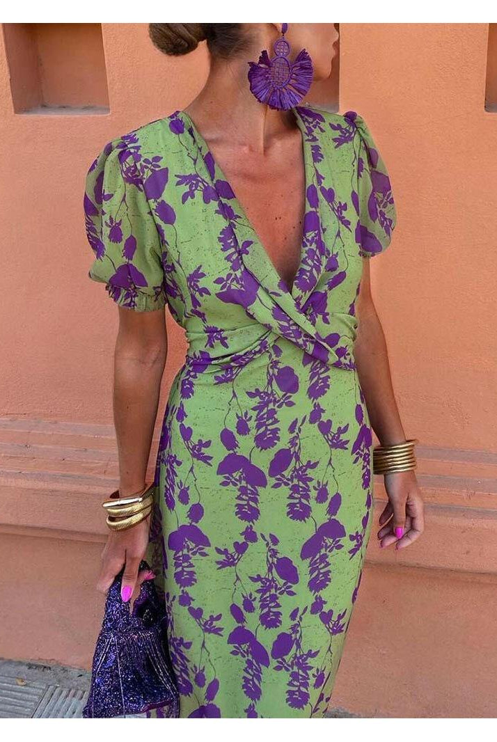 Lumina Wear CELIA elegant floral dress with a flowing design and vibrant flower pattern, perfect for special occasions.