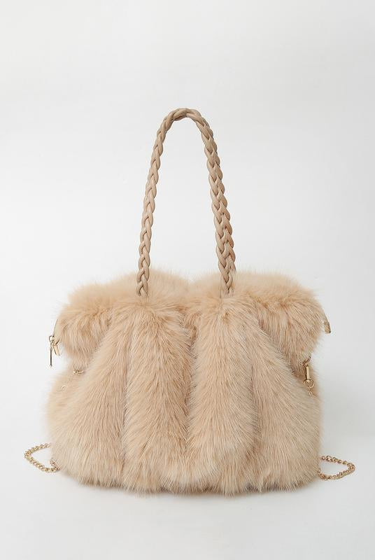 Luxurious plush velvet tote bag by Lumina Wear, spacious design, elegant brown handbag with stylish handles and detailed stitching.
