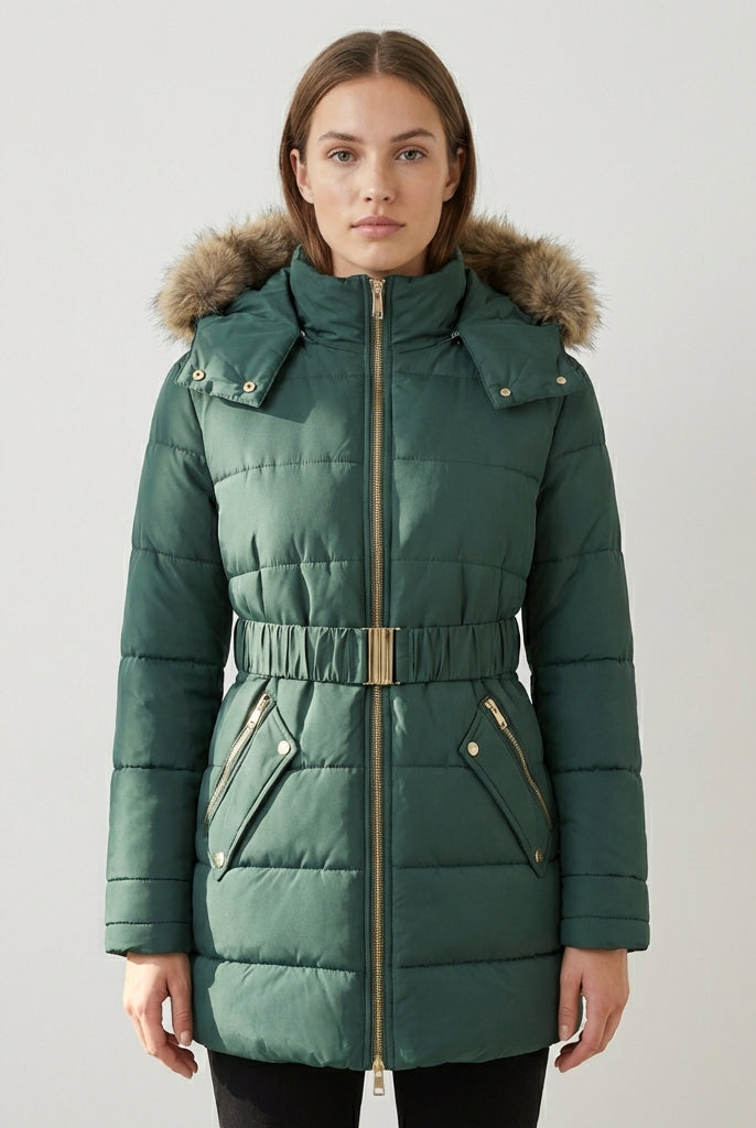 Charlotte quilted puffer jacket with faux-fur hood in green, from Lumina Wear, featuring a fitted design and cozy winter style.