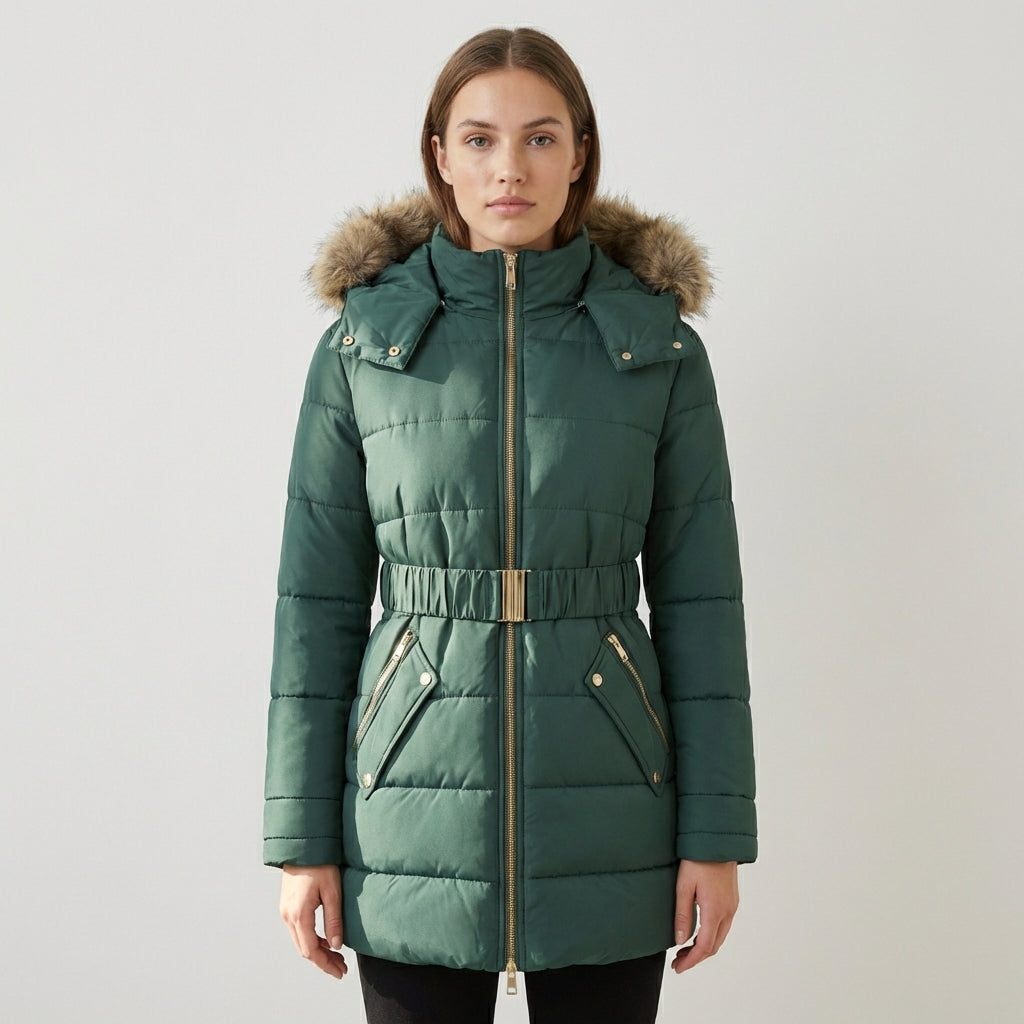 Charlotte quilted puffer jacket with faux-fur hood in green, from Lumina Wear, featuring a fitted design and cozy winter style.