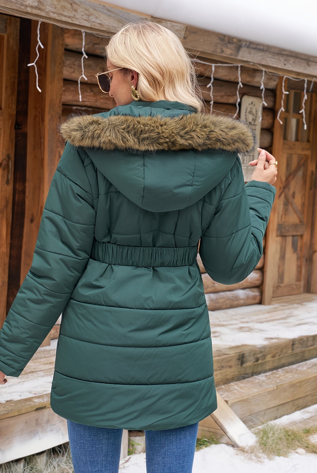 Green Charlotte quilted puffer jacket with faux-fur hood by Lumina Wear, shown on a model with a stylish winter look.