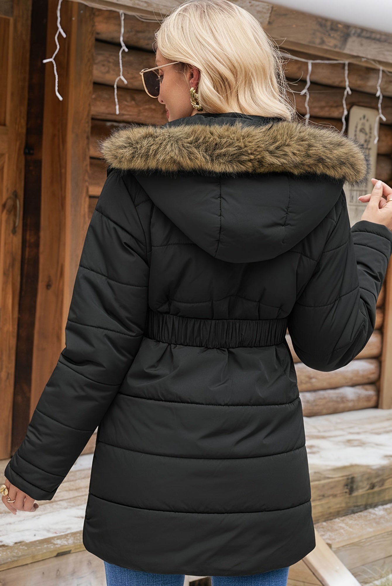 Green Charlotte quilted puffer jacket by Lumina Wear with faux-fur hood, shown on a model in size XS.
