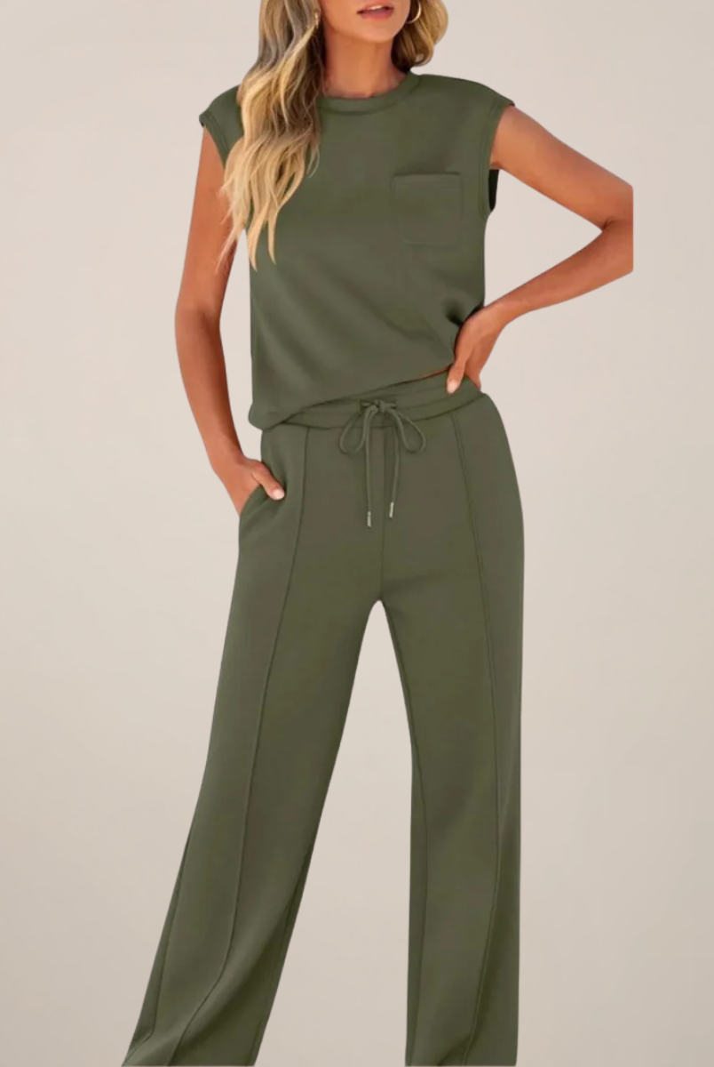 Black Charlotte women's two-piece pants set with relaxed fit and drawstring waist from Lumina Wear, casual and comfortable style.
